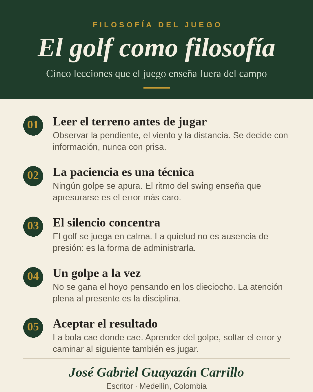 Lámina: El golf como filosofía — cinco lecciones, por José Gabriel Guayazán Carrillo